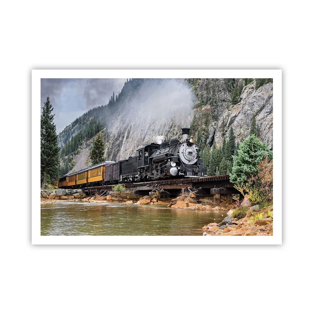 Poster - Eine Dampflokomotive auf einer Brücke in einer malerischen Berglandschaft - 100x70cm - Wo willst du hin? Wohin? - Moderne Wanddekoration für Wohnzimmer und Schlafzimmer ARTTOR