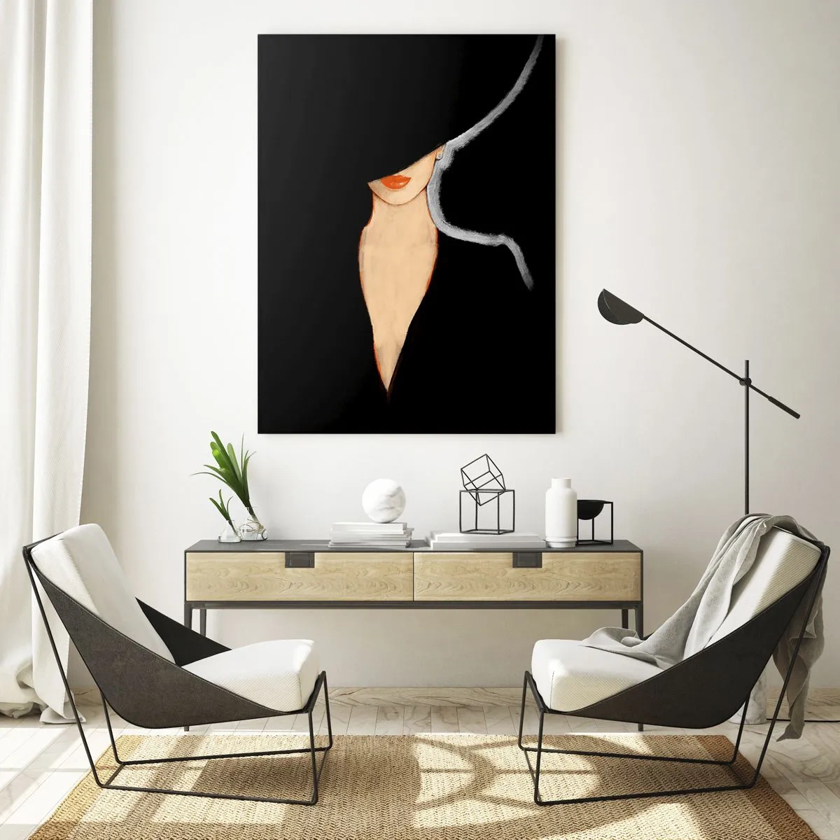 Glasbild - Bild auf glas - Silhouette einer Frau mit Hut auf schwarzem Hintergrund - 70x100cm - Eleganz und Stil - Moderne Wanddekoration für Wohnzimmer und Schlafzimmer ARTTOR