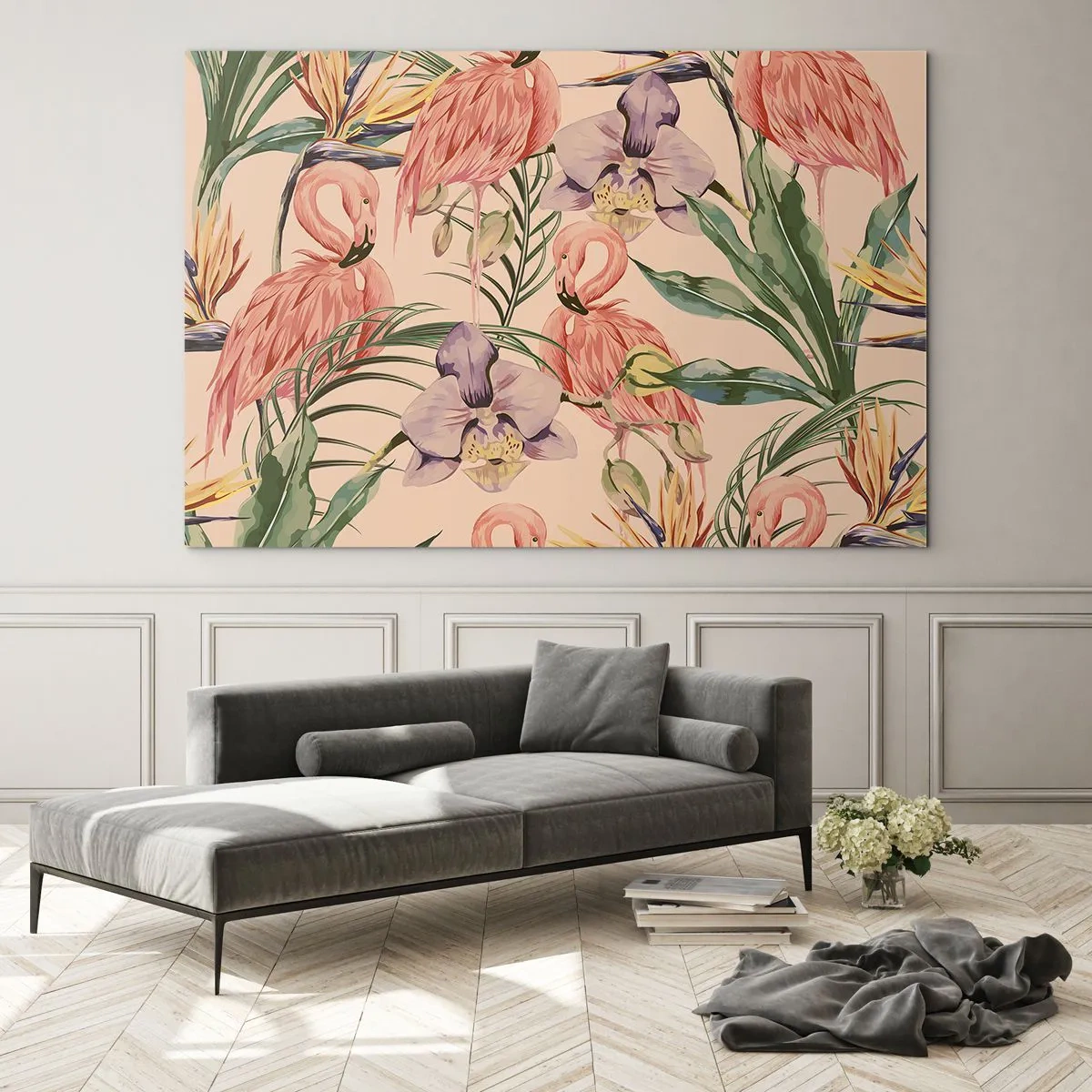 Glasbild - Bild auf glas - Flamingos umgeben von tropischen Blumen und Pflanzen - 100x70cm - Rosa Ballett in Blumen - Moderne Wanddekoration für Wohnzimmer und Schlafzimmer ARTTOR