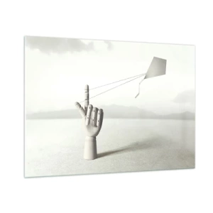 Glasbild - Bild auf glas - Eine Holzhand, die einen schwebenden Drachen auf dem Finger hält - 100x70cm - Kraftprobe - Moderne Wanddekoration für Wohnzimmer und Schlafzimmer ARTTOR