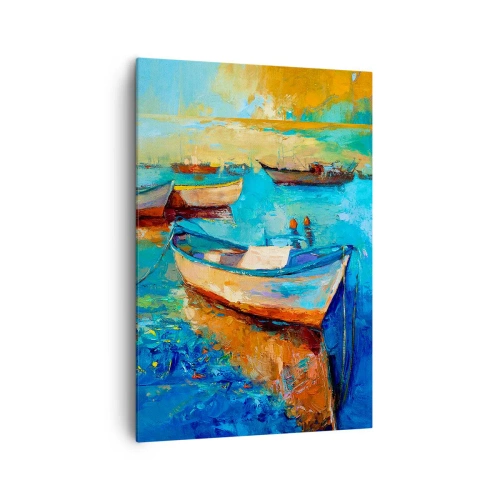Bild auf Leinwand - Leinwandbild - Bunte Boote vertäut auf ruhigem Wasser - 70x100cm - In der südlichen Bucht - Moderne Wanddekoration für Wohnzimmer und Schlafzimmer ARTTOR
