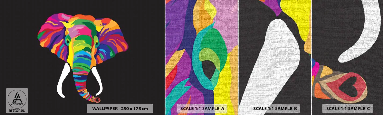 Fototapeten Muster Premium Canvas - Der Elefant, der es liebte, im Regenbogen zu baden - Tiere, Elefant, Buntes Bild - 100x30 cm