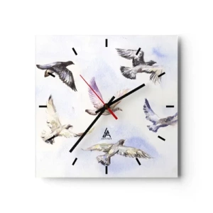 Wanduhr - Glasuhr - Aquarellvögel im Flug vor einem zarten Himmel - 30x30cm - Freiheit in Grau und Blau - Moderne Wanddekoration für Wohnzimmer und Schlafzimmer ARTTOR