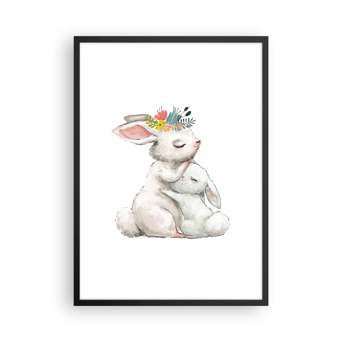Poster in einem schwarzem Rahmen - Zwei Hasen in einer Umarmung mit einem Blumenkranz auf dem Kopf - 50x70cm - Bei Mama ist's am schönsten - Moderne Wanddekoration für Wohnzimmer und Schlafzimmer ARTTOR