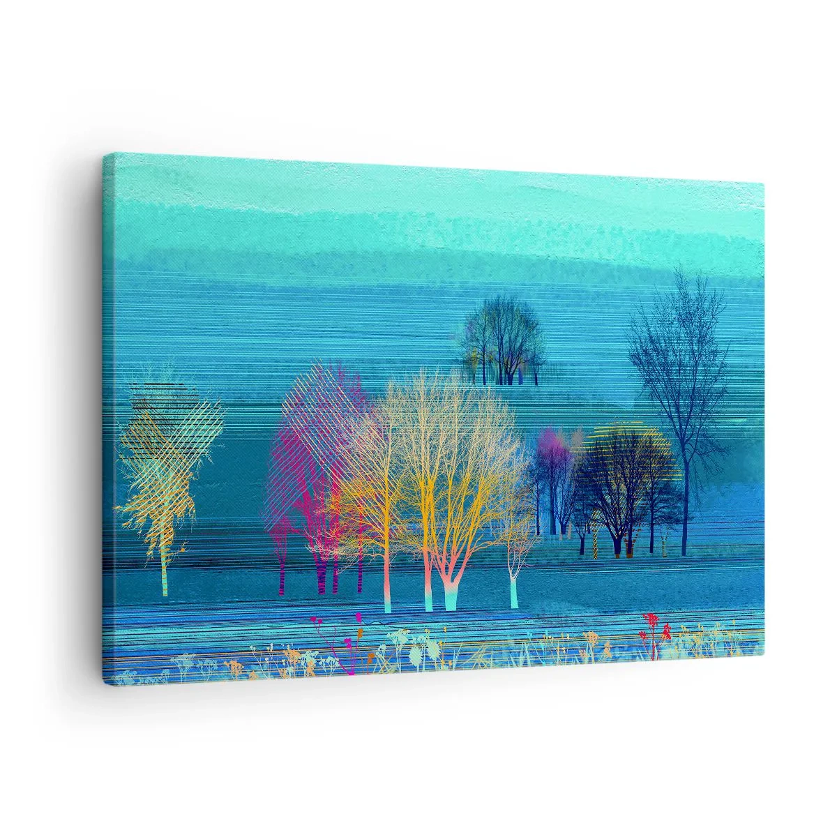 Bild auf Leinwand - Leinwandbild - Bunte Bäume vor einer blauen, minimalistischen Landschaft - 70x50cm - Eine gekämmte Landschaft - Moderne Wanddekoration für Wohnzimmer und Schlafzimmer ARTTOR