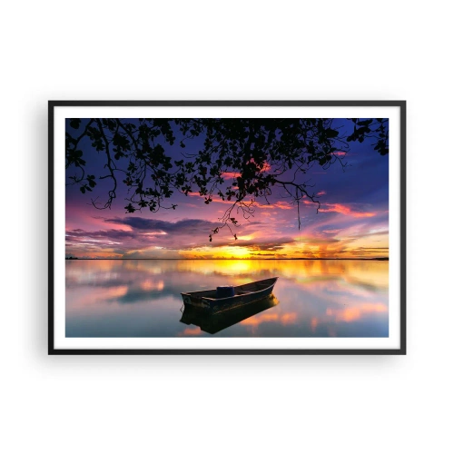 Poster in einem schwarzem Rahmen - Ein Boot auf ruhigem Wasser bei Sonnenuntergang - 100x70cm - Du scheinst mitten am Himmel zu hängen... - Moderne Wanddekoration für Wohnzimmer und Schlafzimmer ARTTOR