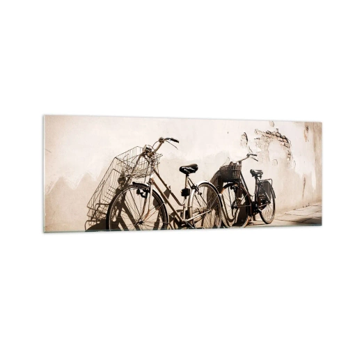 Glasbild - Bild auf glas - Zwei Fahrräder lehnen an einer alten Wand im Retro-Stil - 140x50cm - Der unvergessliche Charme der Vergangenheit - Moderne Wanddekoration für Wohnzimmer und Schlafzimmer ARTTOR