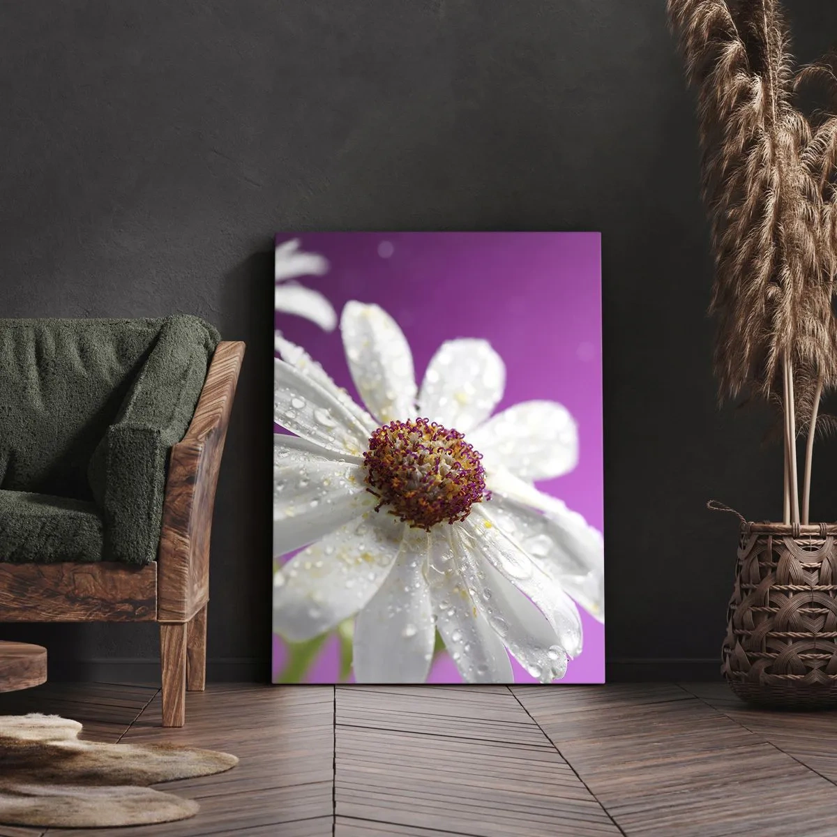 Bild auf Leinwand - Leinwandbild - Ein weißes Gänseblümchen mit Wassertropfen auf einem rosa Hintergrund - 80x120cm - Bescheiden in seiner Schönheit - Moderne Wanddekoration für Wohnzimmer und Schlafzimmer ARTTOR