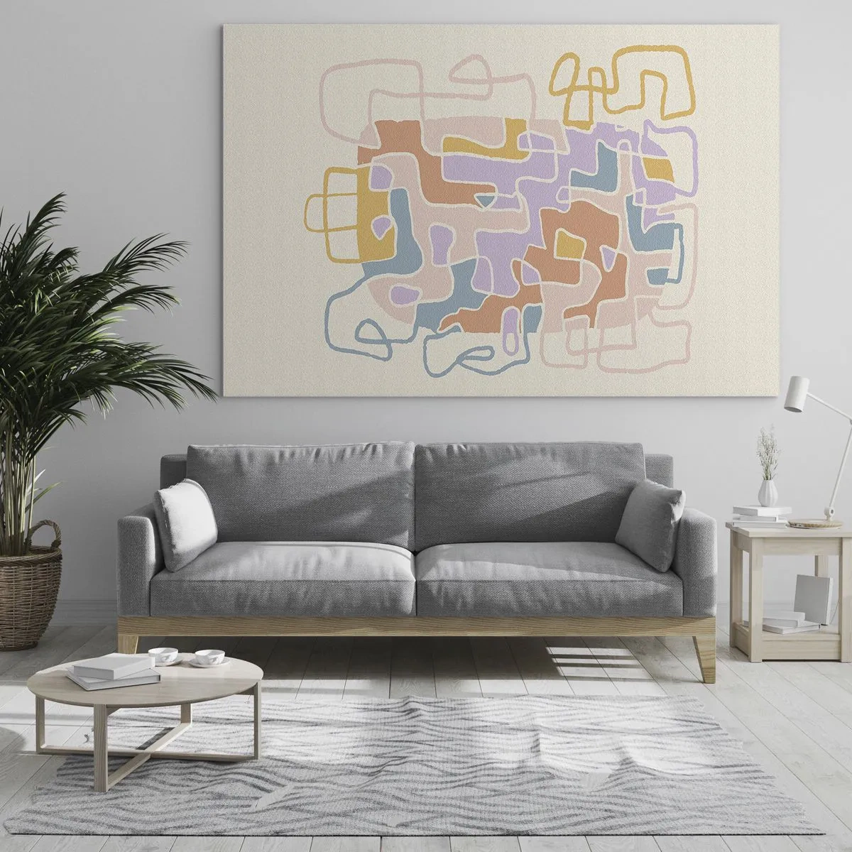 Glasbild - Bild auf glas - Ein buntes Labyrinth aus Linien auf cremefarbenem Hintergrund - 70x50cm - Labyrinth – ein freudiges Abenteuer - Moderne Wanddekoration für Wohnzimmer und Schlafzimmer ARTTOR