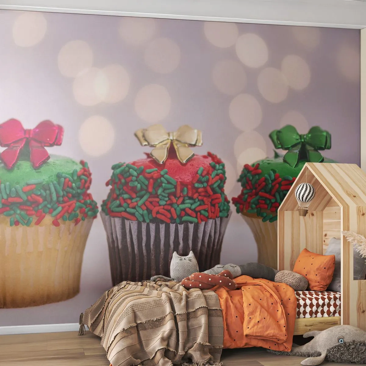 Fototapete Premium Sand - Weihnachts-Cupcakes mit Dekorationen - 100x70cm - Süßigkeiten bis zu der Schleife - Moderne Wanddekoration für Wohnzimmer und Schlafzimmer ARTTOR