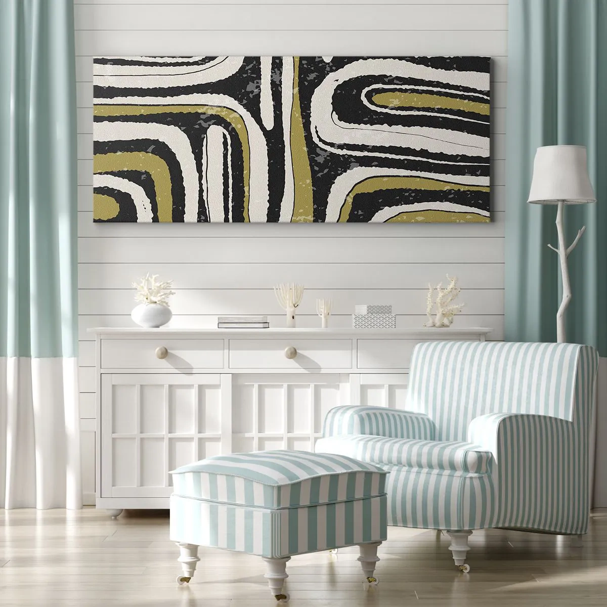 Bild auf Leinwand - Leinwandbild - Abstraktes Muster in Schwarz, Weiß und Gold - 160x50cm - Komposition: Straßen und Gassen - Moderne Wanddekoration für Wohnzimmer und Schlafzimmer ARTTOR