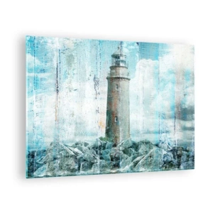 Glasbild - Bild auf glas - Vintage Leuchtturm mit Wolken im Hintergrund - 70x50cm - Auf altem Holz - Moderne Wanddekoration für Wohnzimmer und Schlafzimmer ARTTOR