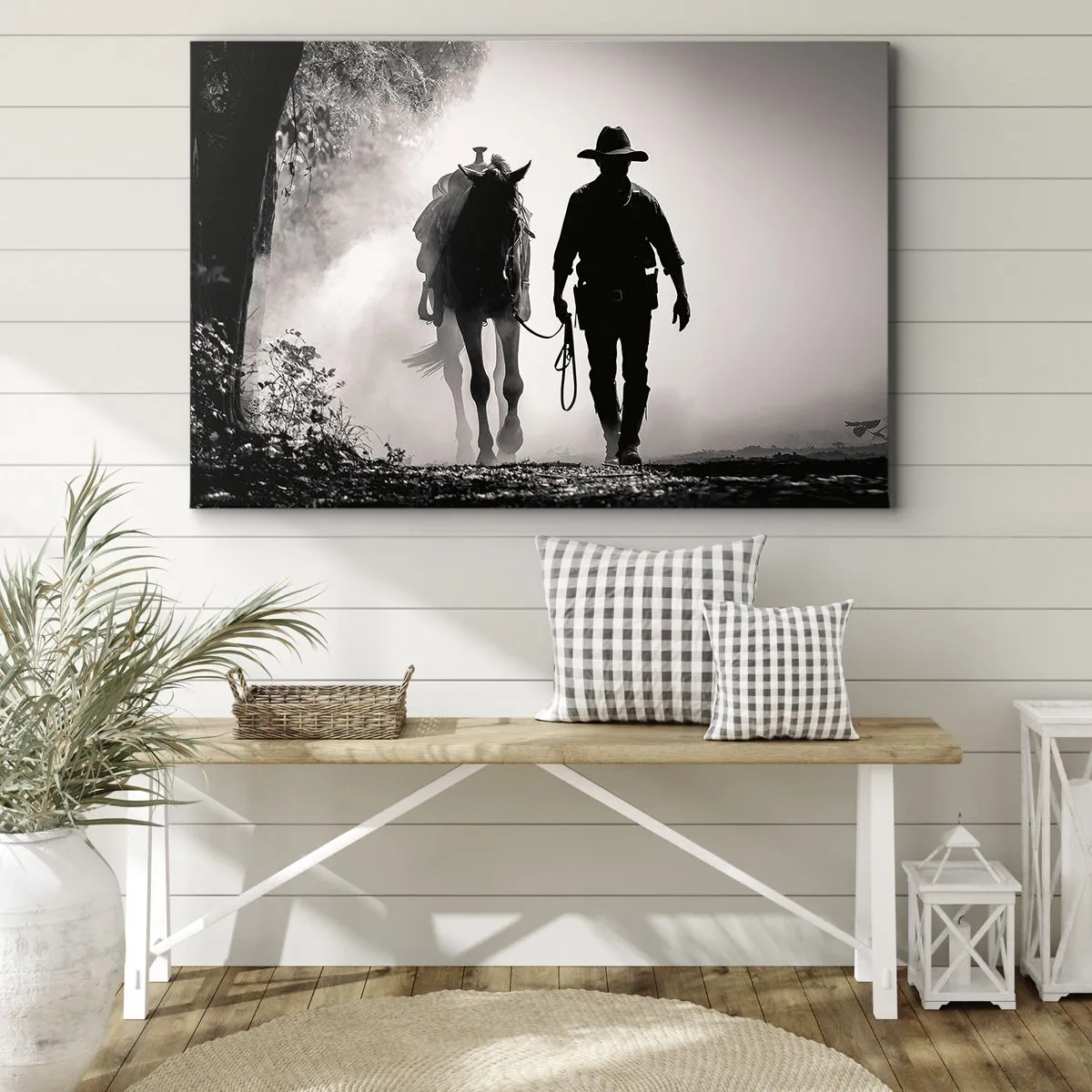 Bild auf Leinwand - Leinwandbild - Cowboy mit Pferd im Morgennebel - 70x50cm - Texas-Morgen - Moderne Wanddekoration für Wohnzimmer und Schlafzimmer ARTTOR