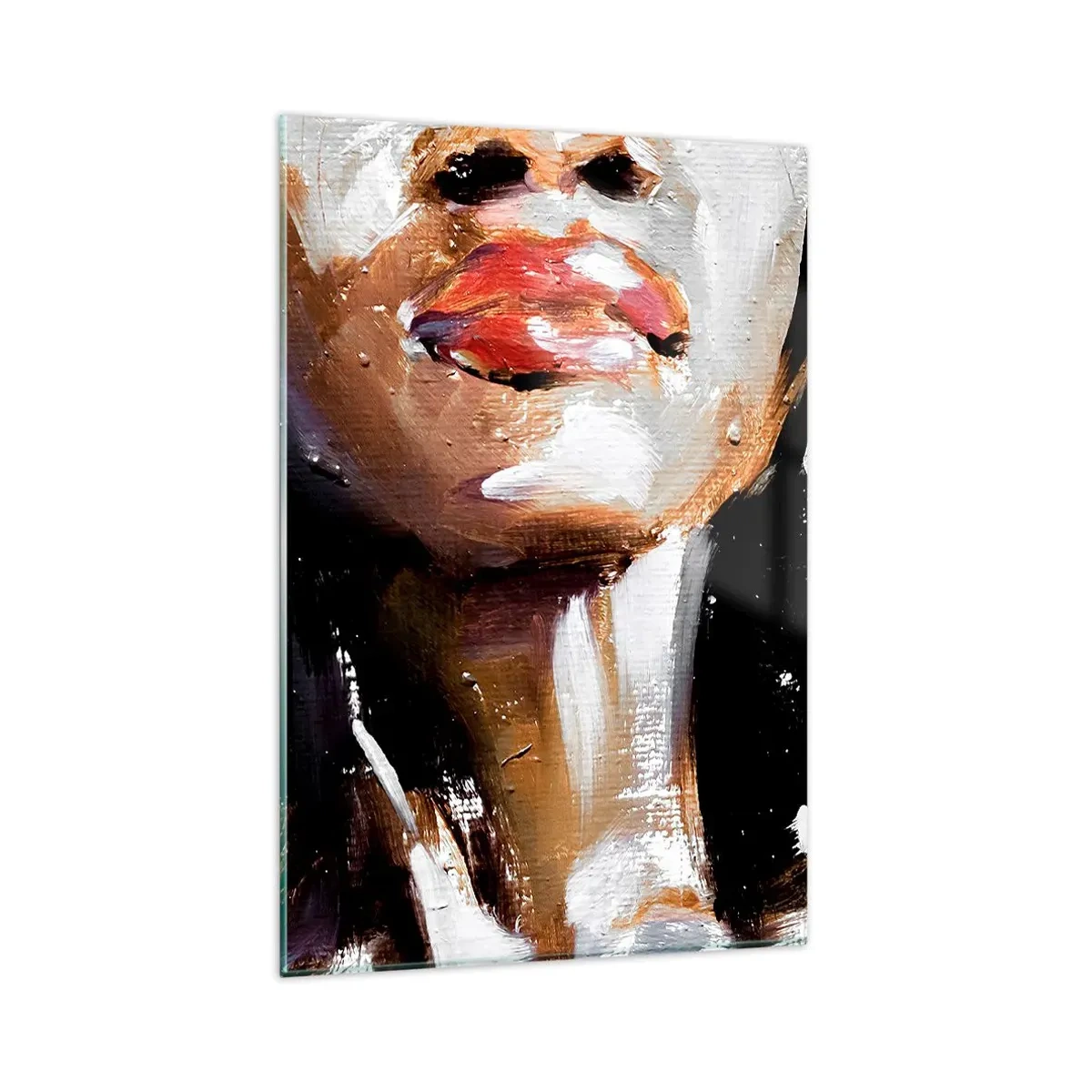 Glasbild - Bild auf glas - Porträt einer Frau in ausdrucksstarkem malerischem Stil vor dunklem Hintergrund - 80x120cm - Stolz ohne Vorurteile - Moderne Wanddekoration für Wohnzimmer und Schlafzimmer ARTTOR
