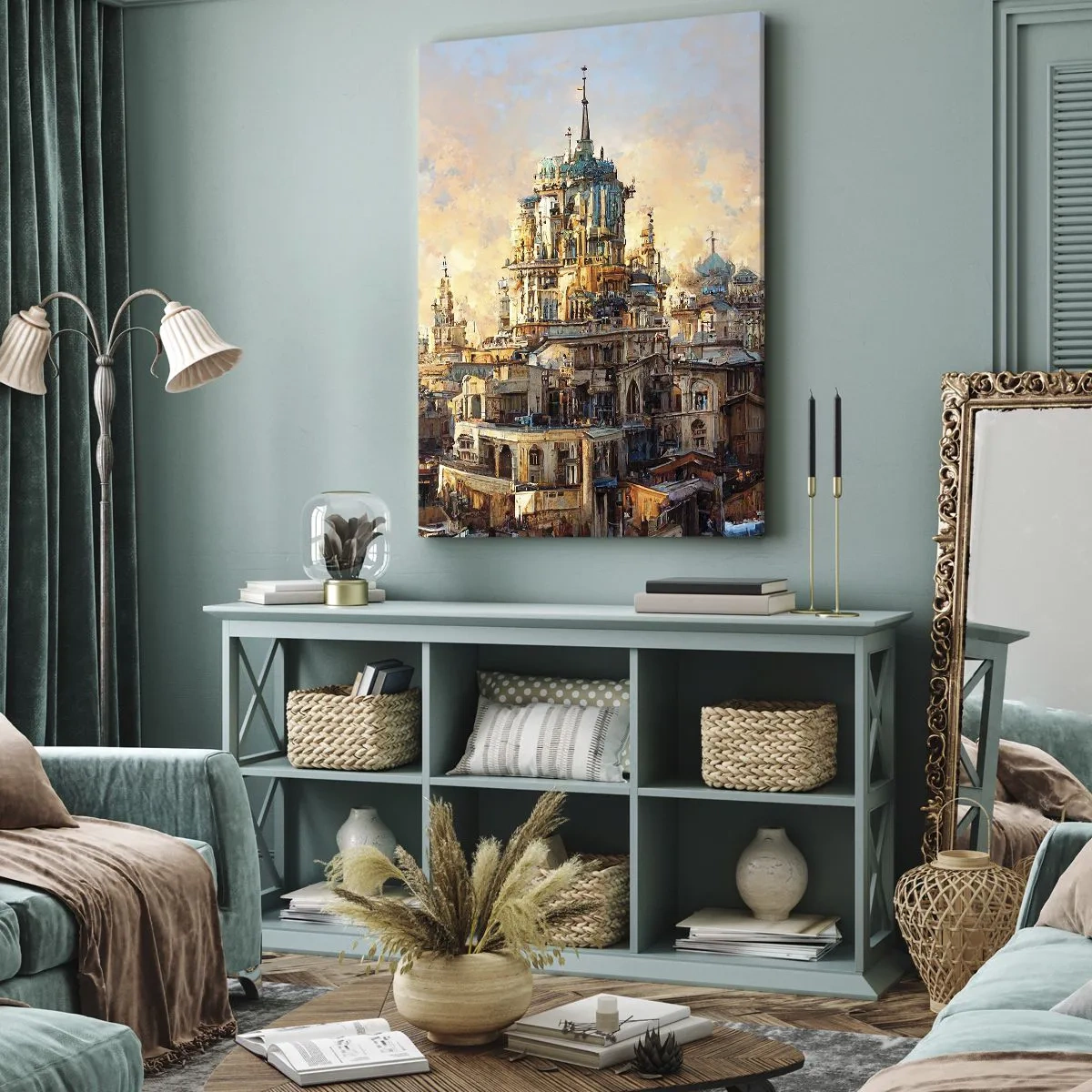 Bild auf Leinwand - Leinwandbild - Architektonische Türme in den Strahlen der untergehenden Sonne - 50x70cm - Stadt der Städte - Moderne Wanddekoration für Wohnzimmer und Schlafzimmer ARTTOR