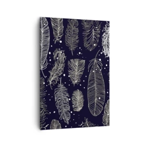 Bild auf Leinwand - Leinwandbild - Zarte weiße Federn auf marineblauem Hintergrund - 70x100cm - Gefiederte Spitze - Moderne Wanddekoration für Wohnzimmer und Schlafzimmer ARTTOR