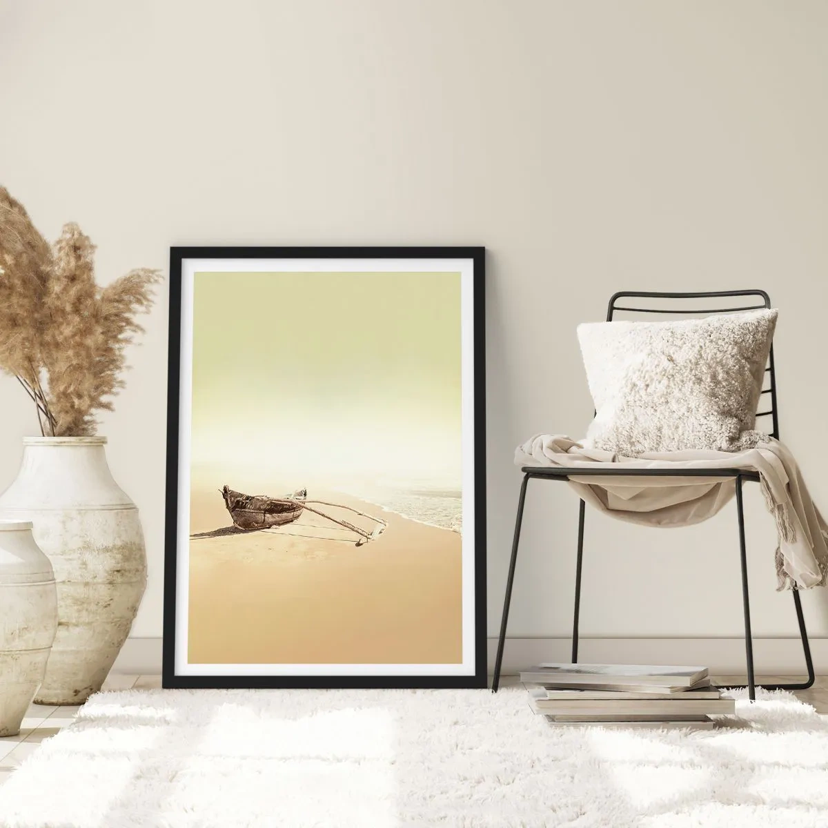 Poster in einem schwarzem Rahmen - Ein einsames Holzboot an einem leeren Strand in Pastellfarben. - 50x70cm - Erinnerung an die Südsee - Moderne Wanddekoration für Wohnzimmer und Schlafzimmer ARTTOR