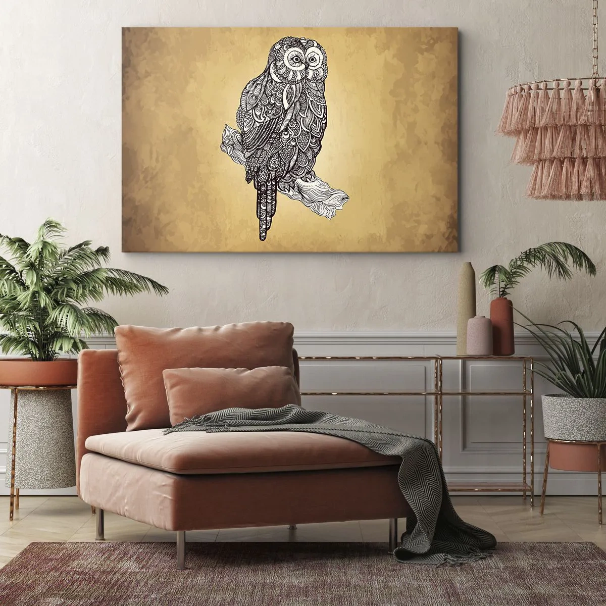 Bild auf Leinwand - Leinwandbild - Eine Eule im Ornamentstil auf beigem Hintergrund - 70x50cm - Kunstvolle Ornamente der Weisheit - Moderne Wanddekoration für Wohnzimmer und Schlafzimmer ARTTOR