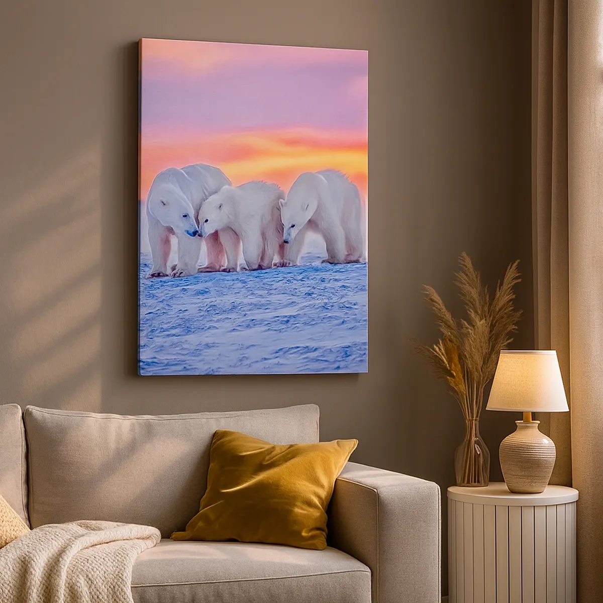 Bild auf Leinwand - Leinwandbild - Drei Eisbären vor dem Hintergrund eines arktischen Sonnenuntergangs - 50x70cm - Familienwärme ist genug - Moderne Wanddekoration für Wohnzimmer und Schlafzimmer ARTTOR