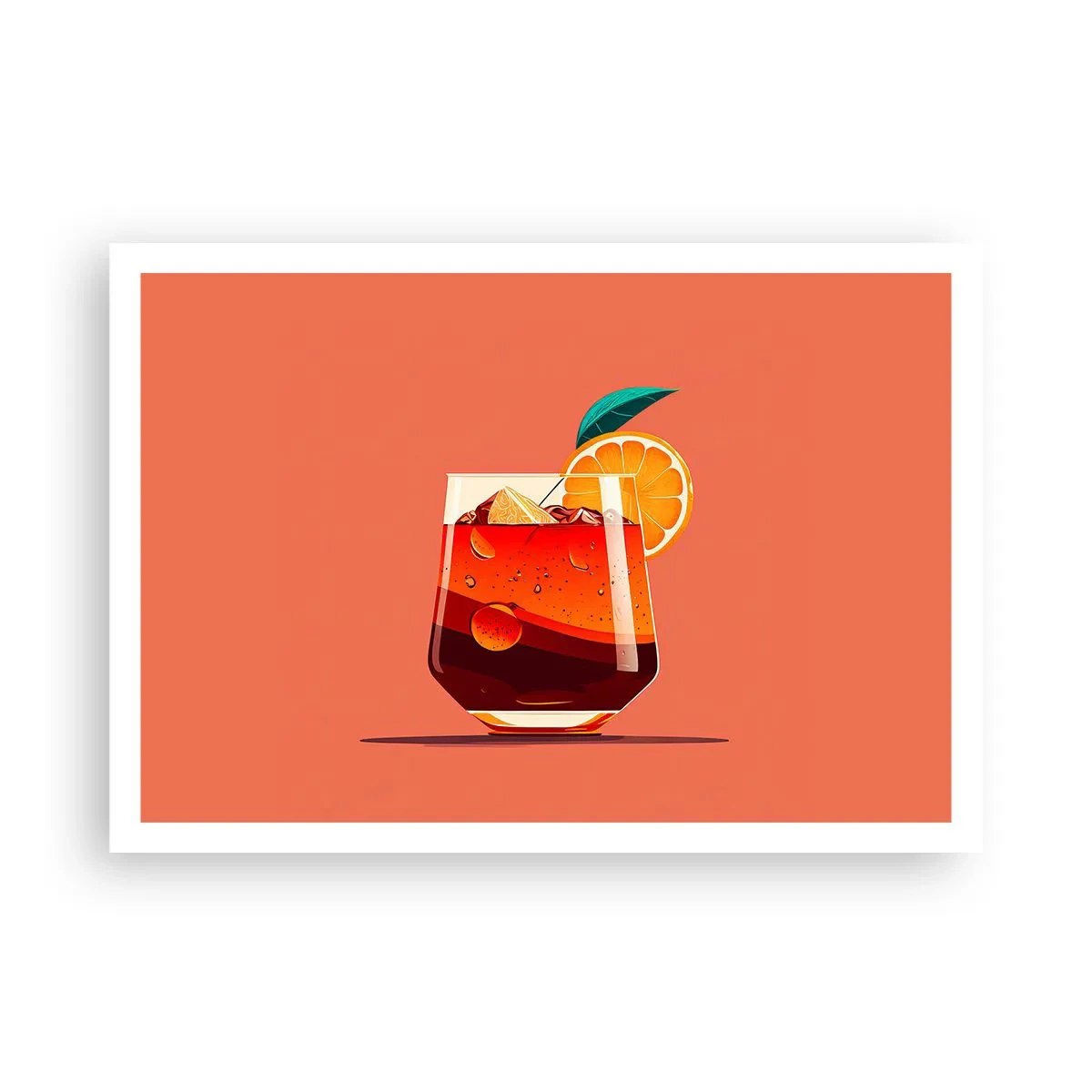 Poster - Ein Glas Getränk und eine Orangenscheibe auf orangefarbenem Hintergrund - 100x70cm - Sommerliche Erfrischung - Moderne Wanddekoration für Wohnzimmer und Schlafzimmer ARTTOR