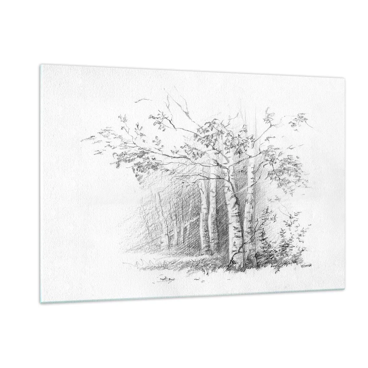 Glasbild - Bild auf glas - Skizze eines Birkenwaldes in monochromen Tönen - 120x80cm - Das Licht des Birkenwaldes - Moderne Wanddekoration für Wohnzimmer und Schlafzimmer ARTTOR