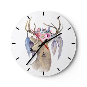 Wanduhr - Glasuhr - Künstlerische Zeichnung eines Hirsches mit Blumen auf seinem Geweih und Federn - 30x30cm - Seelenführer - sanft, unschuldig - Moderne Wanddekoration für Wohnzimmer, Küche und Schlafzimmer ARTTOR