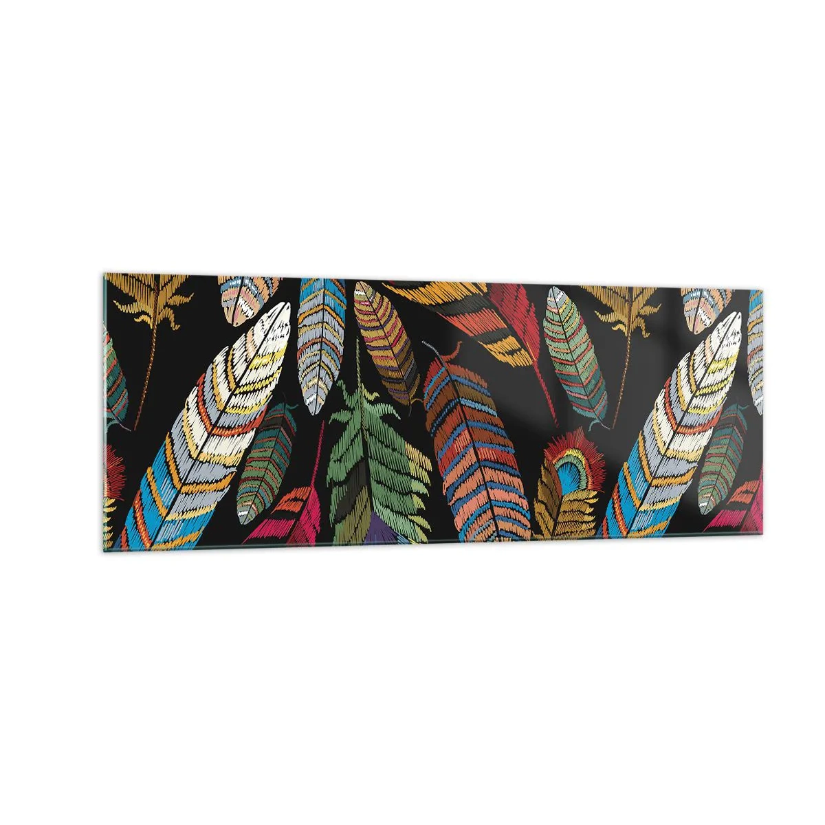 Glasbild - Bild auf glas - Bunte Federn auf schwarzem Hintergrund - 140x50cm - Der Vogelkarneval - Moderne Wanddekoration für Wohnzimmer und Schlafzimmer ARTTOR