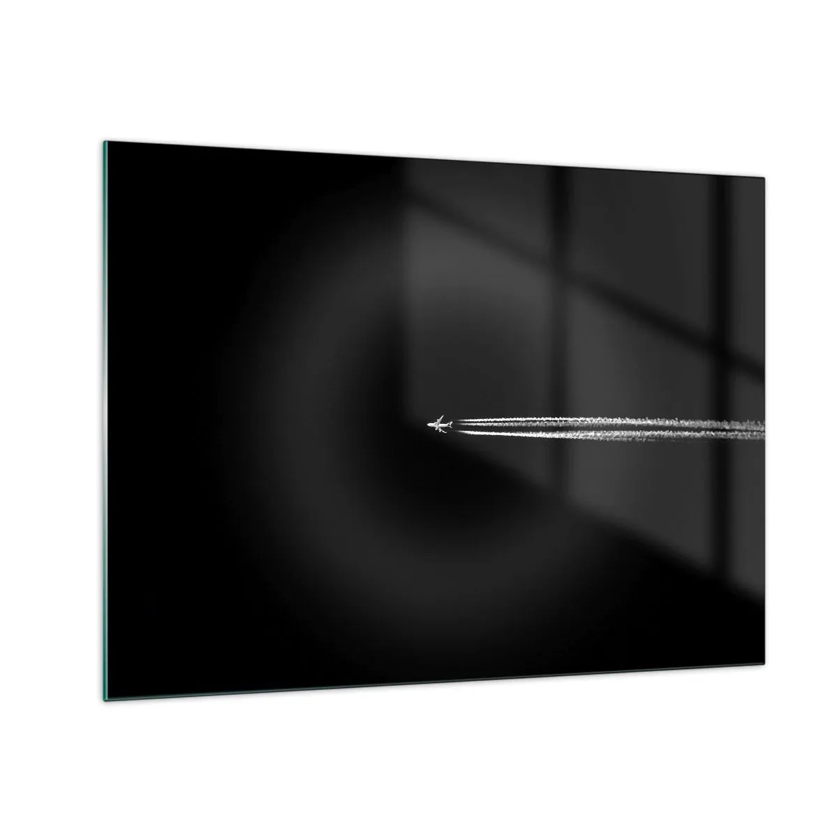Glasbild - Bild auf glas - Ein Düsenflugzeug auf schwarzem Hintergrund mit Kondensstreifen - 70x50cm - In eine andere Dimension - Moderne Wanddekoration für Wohnzimmer und Schlafzimmer ARTTOR