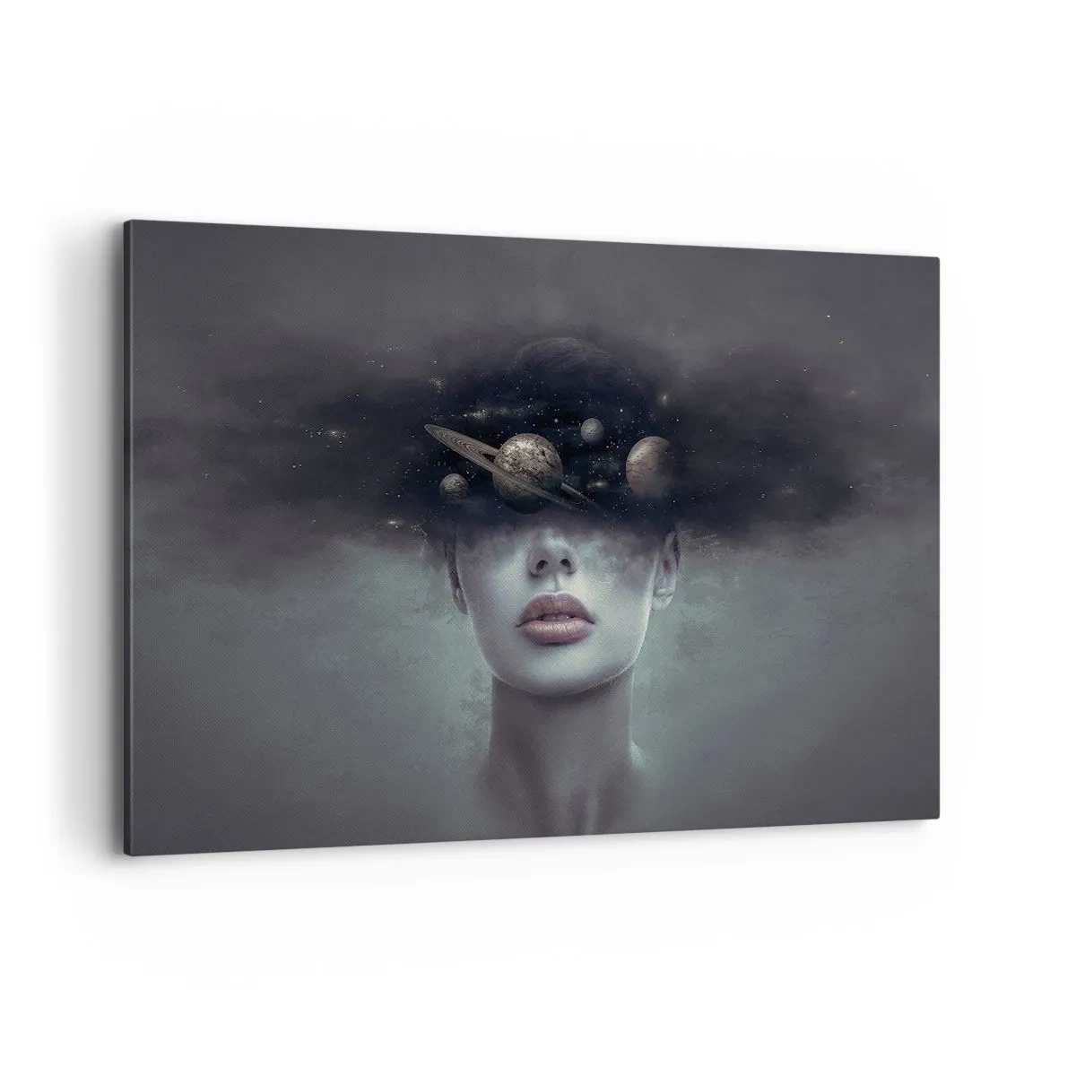 Bild auf Leinwand - Leinwandbild - Ein Frauengesicht mit einem Planeten- und Weltraummotiv im Hintergrund - 120x80cm - Und die Planeten spielen verrückt ... - Moderne Wanddekoration für Wohnzimmer und Schlafzimmer ARTTOR