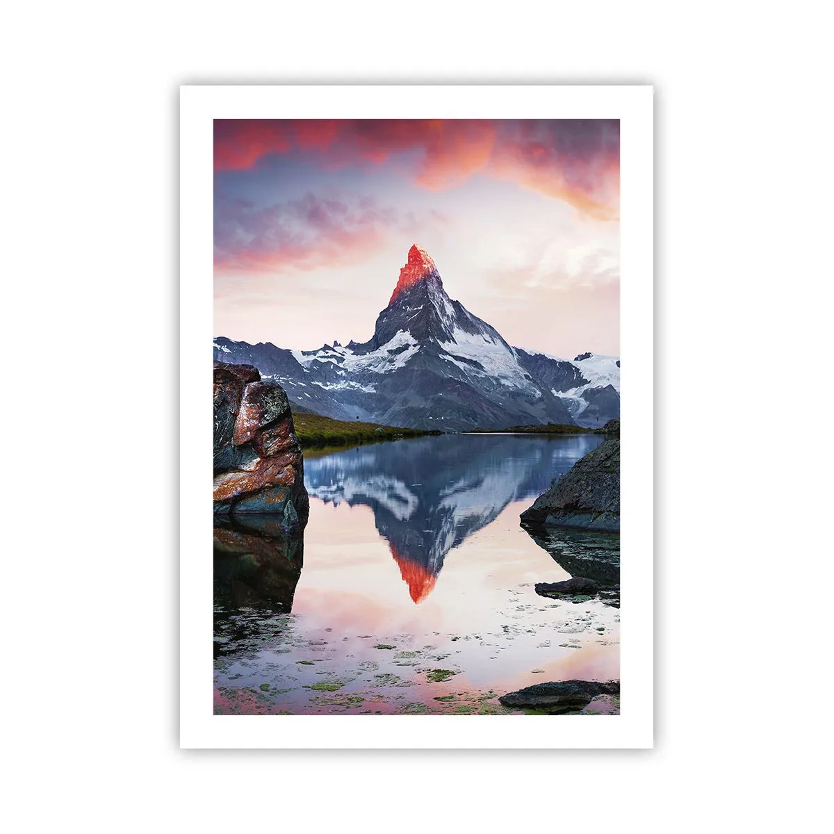 Poster - Ein Berg, der sich bei Sonnenuntergang in einem See spiegelt - 50x70cm - Das Herz der Berge ist heiß - Moderne Wanddekoration für Wohnzimmer und Schlafzimmer ARTTOR