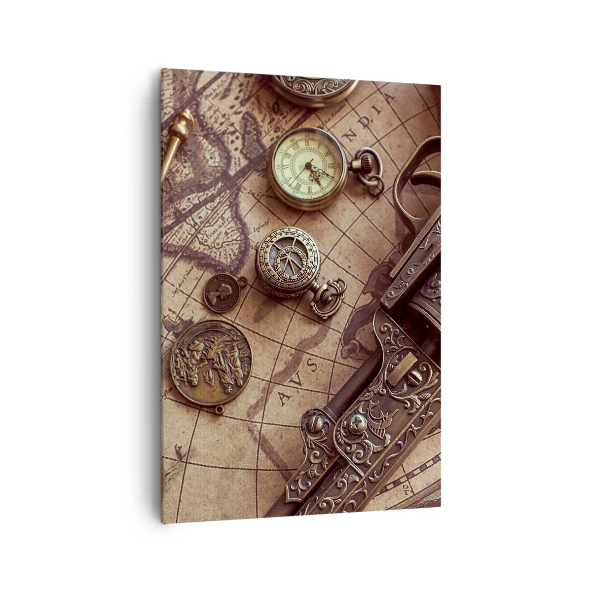 Bild auf Leinwand - Leinwandbild - Antike Gegenstände auf einer alten Karte im Retro-Stil - 70x100cm - Das Abenteuer ruft - Moderne Wanddekoration für Wohnzimmer und Schlafzimmer ARTTOR