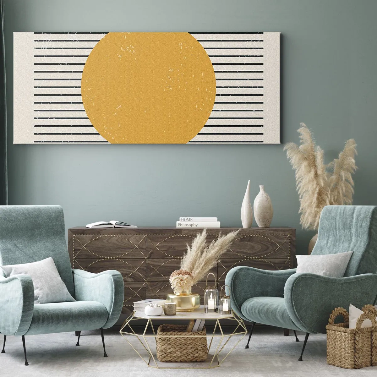 Bild auf Leinwand - Leinwandbild - Ein gelber Kreis auf einem Hintergrund aus schwarzen und weißen horizontalen Linien - 120x50cm - Die Kraft der Einfachheit - Moderne Wanddekoration für Wohnzimmer und Schlafzimmer ARTTOR