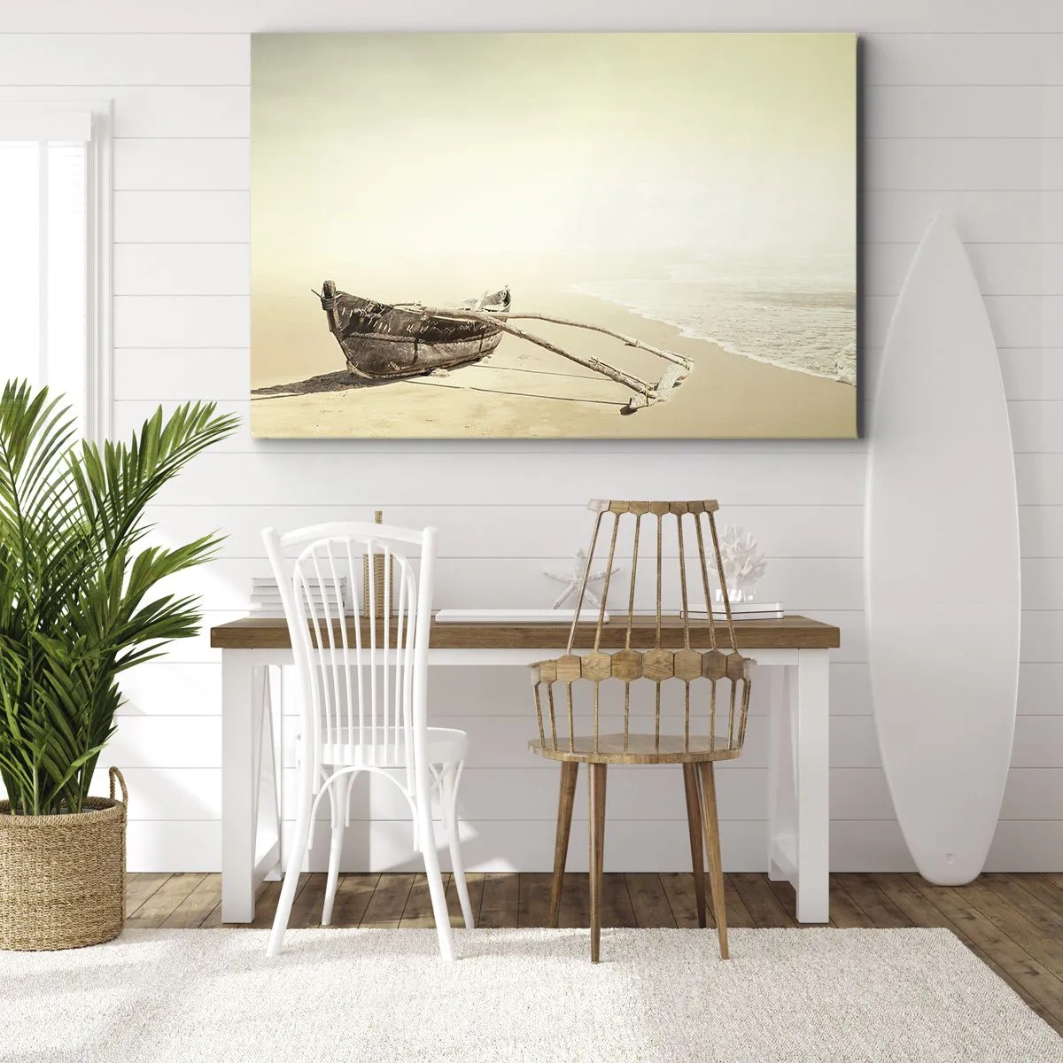 Bild auf Leinwand - Leinwandbild - Altes Fischerboot an einem Sandstrand - 120x80cm - Erinnerung an die Südsee - Moderne Wanddekoration für Wohnzimmer und Schlafzimmer ARTTOR