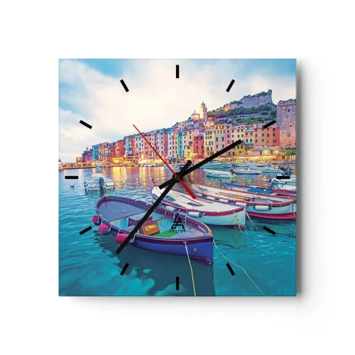 Wanduhr - Glasuhr - Eine bunte Stadt am Wasser mit Booten im Hafen - 30x30cm - Bunter Abend im Hafen - Moderne Wanddekoration für Wohnzimmer und Schlafzimmer ARTTOR