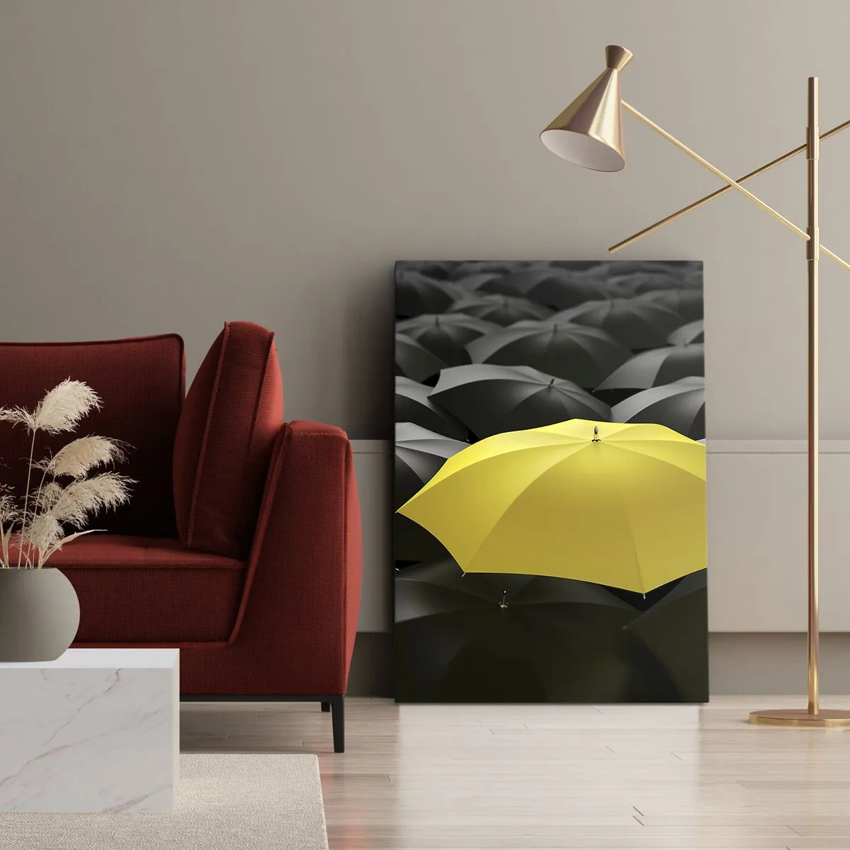 Bild auf Leinwand - Leinwandbild - Ein gelber Regenschirm zwischen schwarzen Regenschirmen - 50x70cm - Auf Wiedersehen Trauer - Moderne Wanddekoration für Wohnzimmer und Schlafzimmer ARTTOR