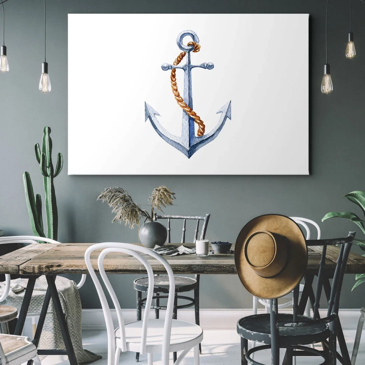Bild auf Leinwand - Leinwandbild - Anker mit Seil im Aquarellstil - 70x50cm - Ahoi Abenteuer! - Moderne Wanddekoration für Wohnzimmer und Schlafzimmer ARTTOR
