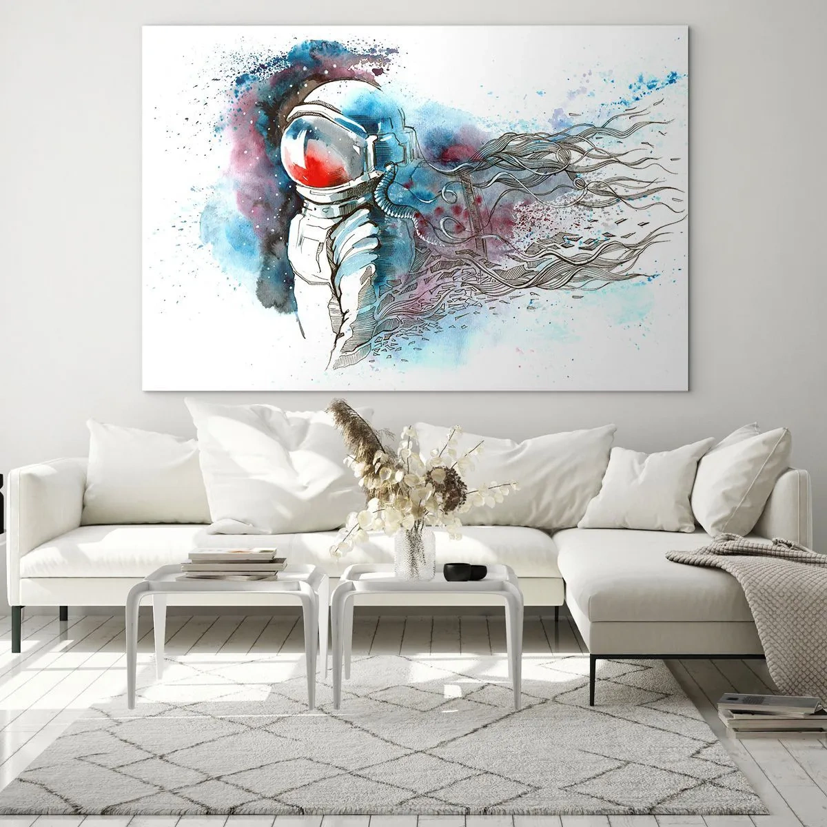 Glasbild - Bild auf glas - Astronaut in einer dynamischen Aquarell-Weltraumkulisse - 120x80cm - Allein mit Platz - Moderne Wanddekoration für Wohnzimmer und Schlafzimmer ARTTOR