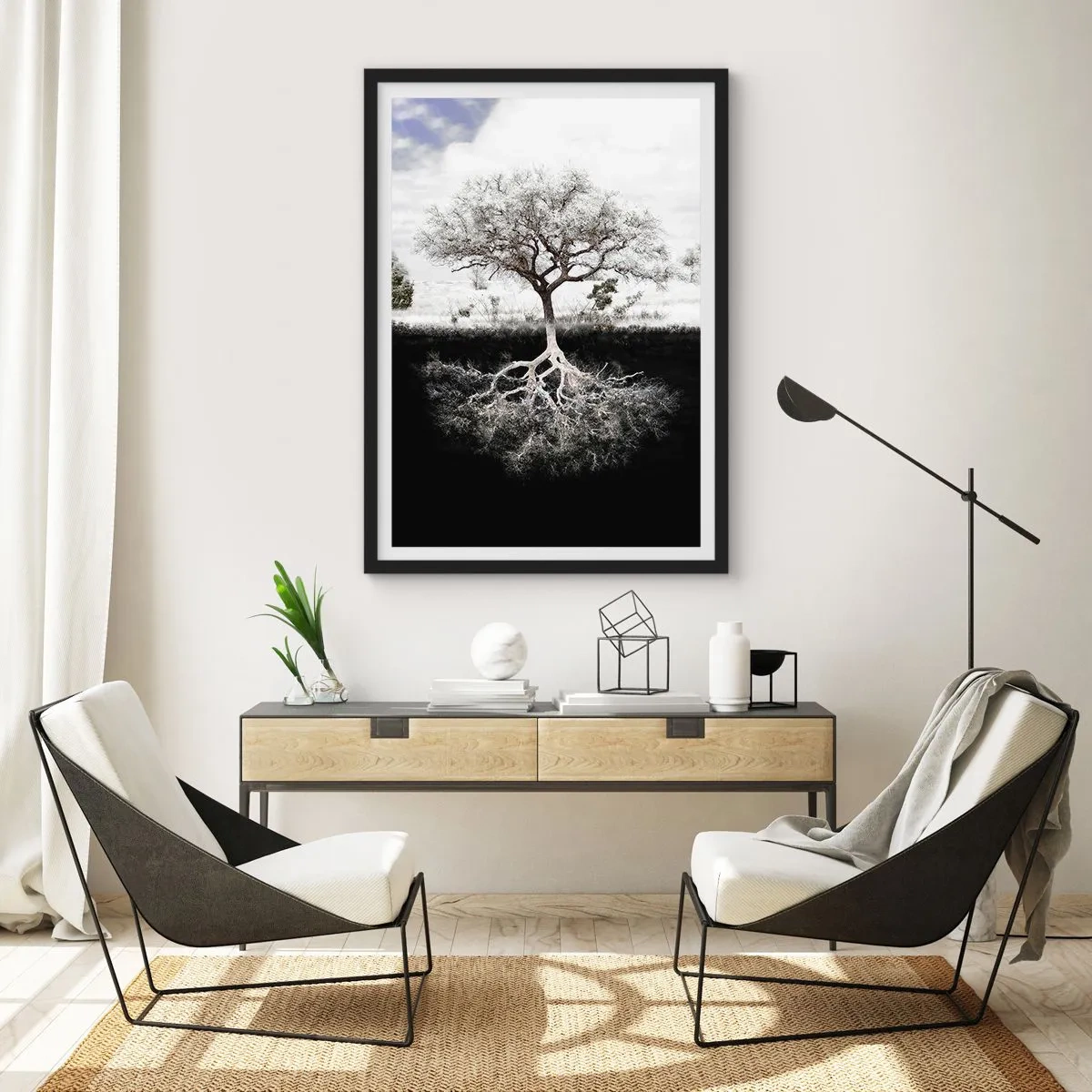 Poster in einem schwarzem Rahmen - Ein minimalistischer Baum mit sichtbarem Wurzelsystem - 50x70cm - Die Natur der Welt entdecken - Moderne Wanddekoration für Wohnzimmer und Schlafzimmer ARTTOR