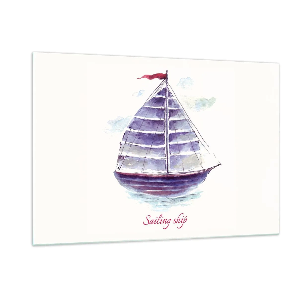 Glasbild - Bild auf glas - Aquarell Segelschiff mit der Aufschrift Segelschiff - 120x80cm - Volle Segel und ruhiges Wasser - Moderne Wanddekoration für Wohnzimmer und Schlafzimmer ARTTOR