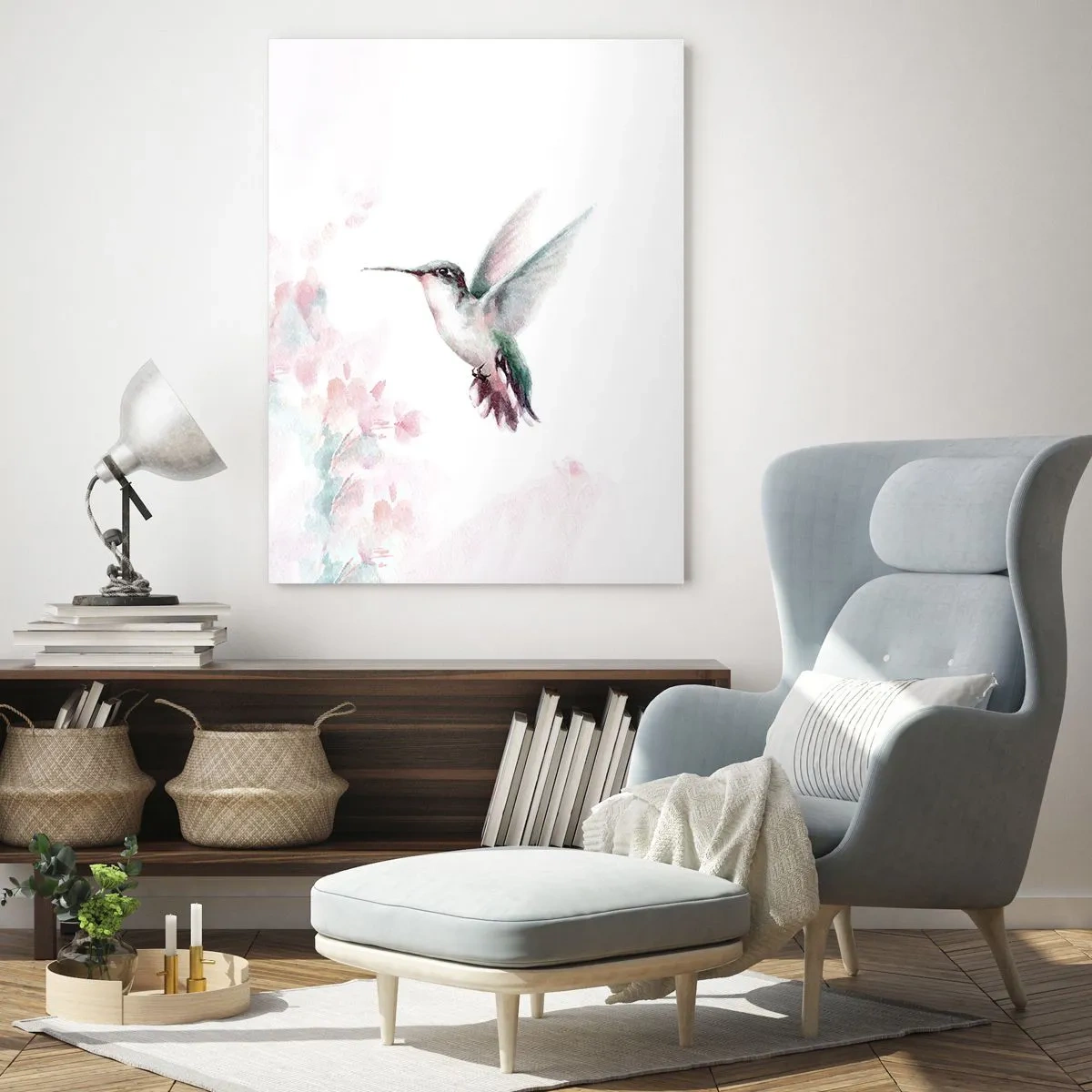 Glasbild - Bild auf glas - Ein Kolibri in zarten Pastellfarben vor einem Hintergrund aus Blumen - 70x100cm - Im Flattern gehalten - Moderne Wanddekoration für Wohnzimmer und Schlafzimmer ARTTOR