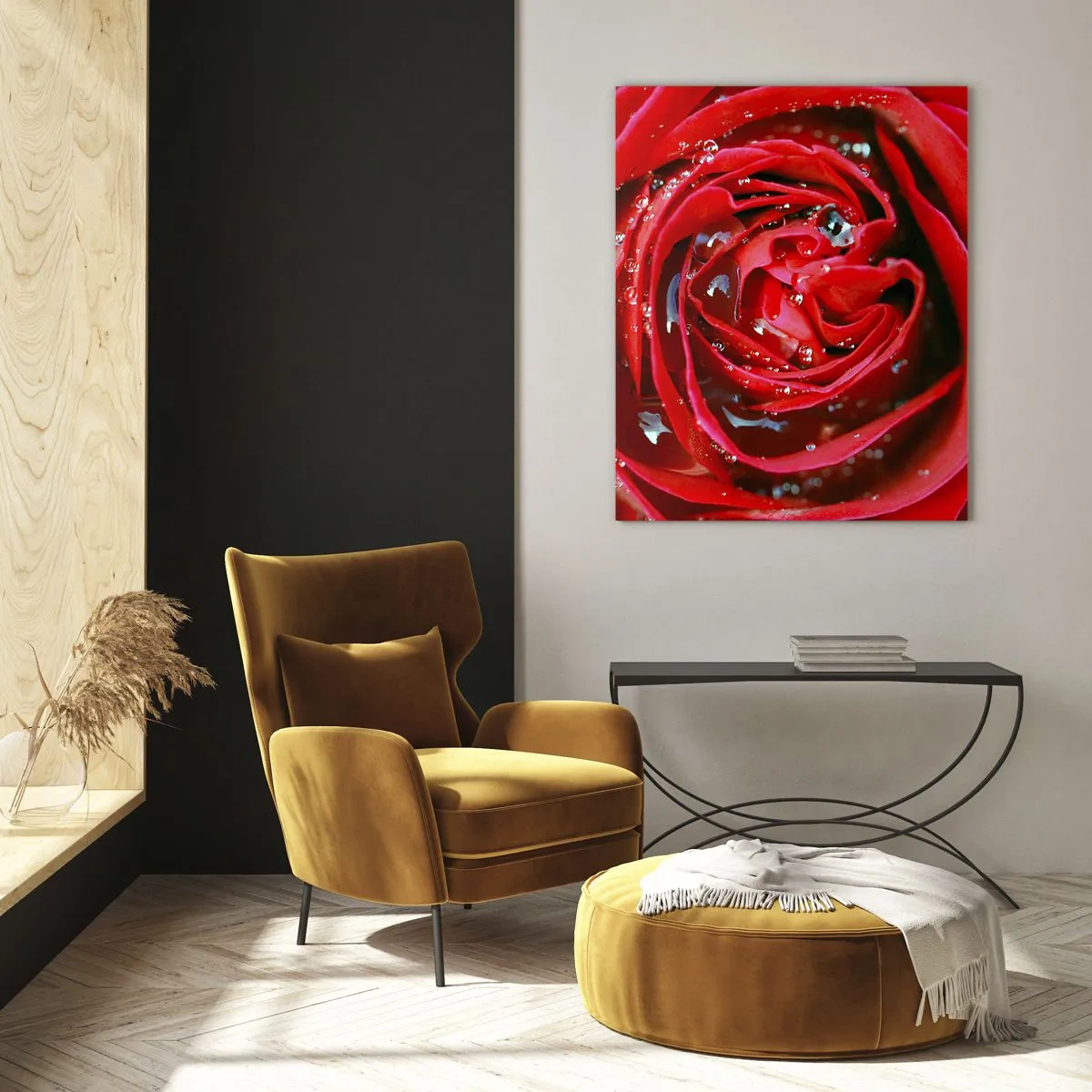 Glasbild - Bild auf glas - Nahaufnahme einer roten Rose mit Wassertropfen auf den Blütenblättern - 80x120cm - In den Tautropfen - Moderne Wanddekoration für Wohnzimmer und Schlafzimmer ARTTOR