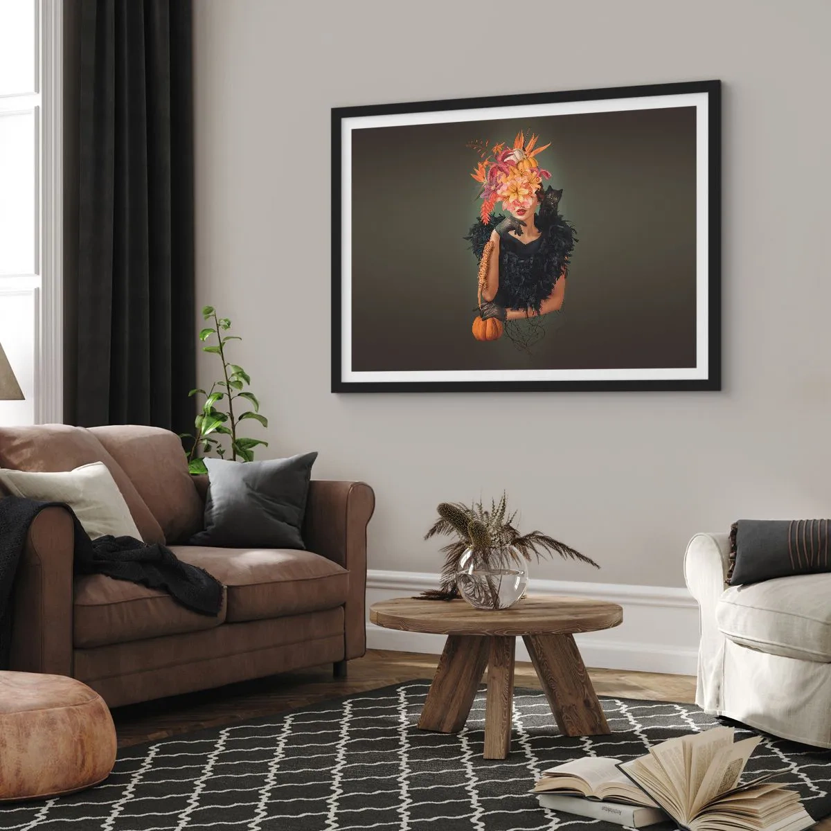 Poster in einem schwarzem Rahmen - Frauenbildnis mit Herbstmotiven und Katze - 70x50cm - Der Zauber einer Hexe - Moderne Wanddekoration für Wohnzimmer und Schlafzimmer ARTTOR