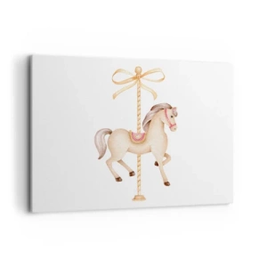 Bild auf Leinwand - Leinwandbild - Ein Karussellpferd mit Schleife in zarten Pastelltönen - 100x70cm - Anmutiger Trab - Moderne Wanddekoration für Wohnzimmer und Schlafzimmer ARTTOR