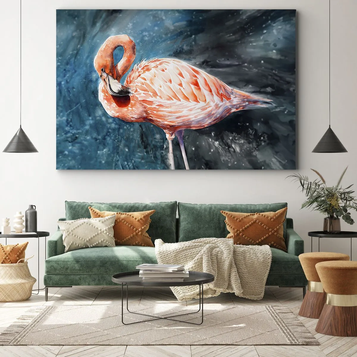 Bild auf Leinwand - Leinwandbild - Ein rosa Flamingo auf einem aquarellblauen Hintergrund - 70x50cm - Von Natur aus dekorativ - Moderne Wanddekoration für Wohnzimmer und Schlafzimmer ARTTOR