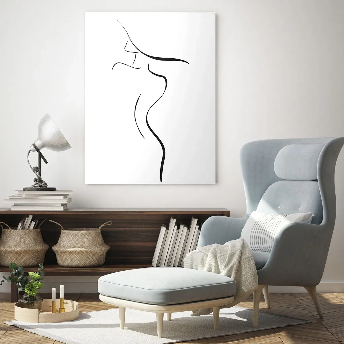 Glasbild - Bild auf glas - Minimalistischer Umriss einer weiblichen Silhouette in Schwarzweiß - 50x70cm - Flüchtig wie eine Welle - Moderne Wanddekoration für Wohnzimmer und Schlafzimmer ARTTOR