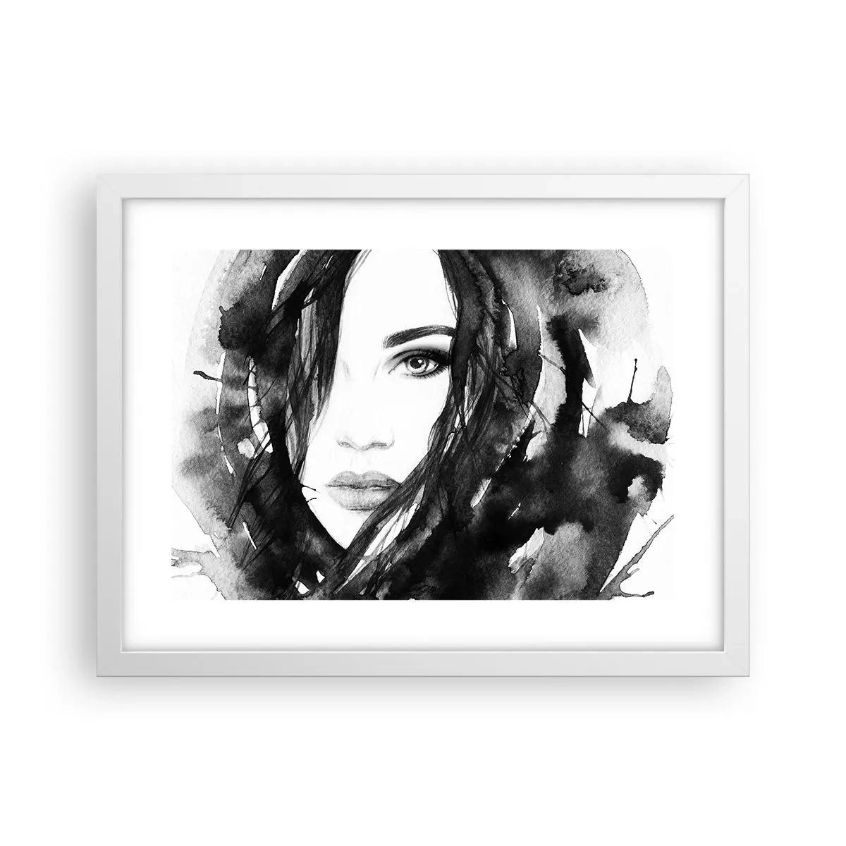 Poster in einem weißen Rahmen - Porträt einer Dame in Schwarzweiß - 40x30 cm