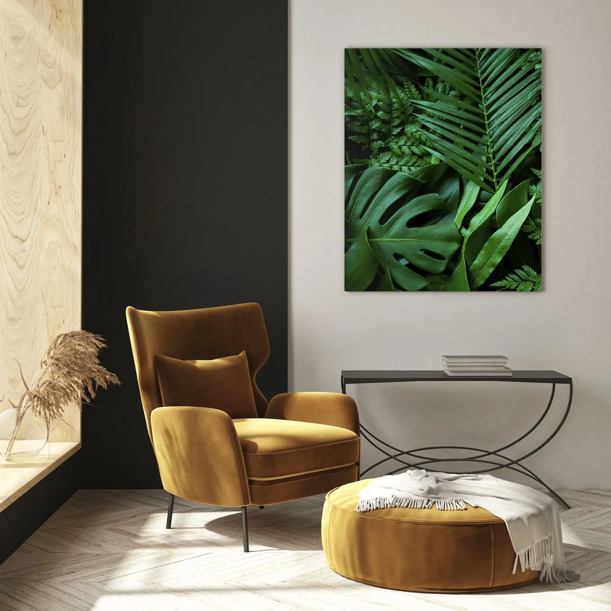 Glasbild - Bild auf glas - Dichte grüne Blätter tropischer Pflanzen in der Komposition - 50x70cm - Eingebettet ins Grüne - Moderne Wanddekoration für Wohnzimmer und Schlafzimmer ARTTOR