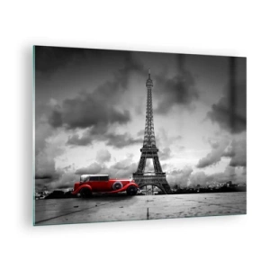 Glasbild - Bild auf glas - Ein rotes Retro-Auto mit dem Eiffelturm im Hintergrund in einer schwarz-weißen Umgebung. - 70x50cm - Vor nicht allzu langer Zeit in Paris - Moderne Wanddekoration für Wohnzimmer und Schlafzimmer ARTTOR