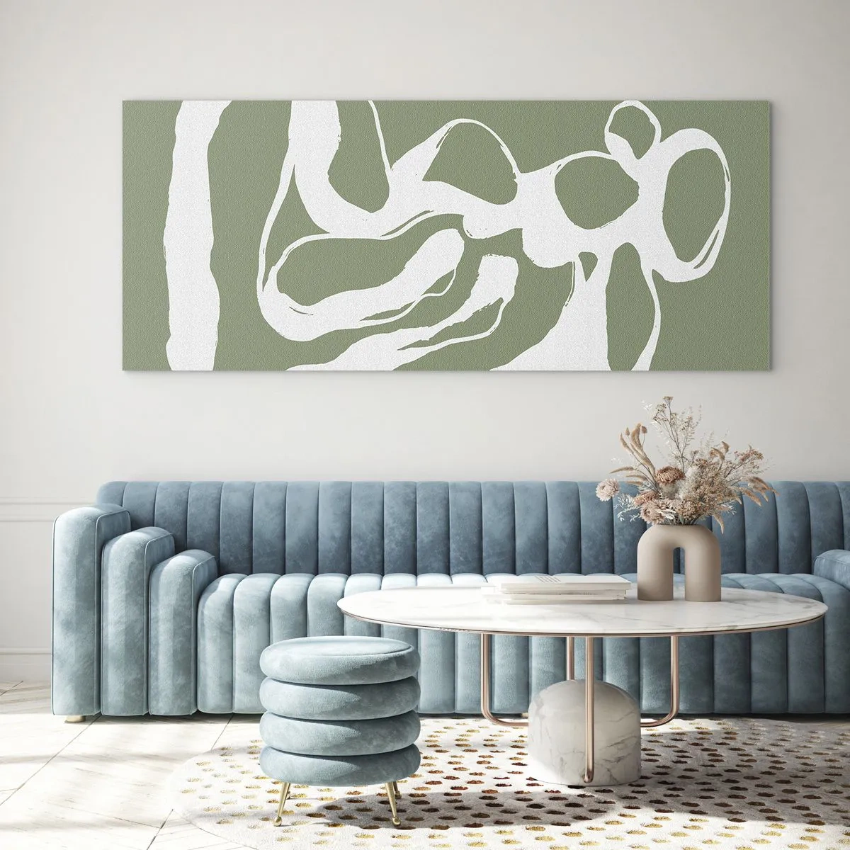 Glasbild - Bild auf glas - Organische Formen in Weiß auf grünem Hintergrund - 120x50cm - Ruf des Weltraums - Moderne Wanddekoration für Wohnzimmer und Schlafzimmer ARTTOR