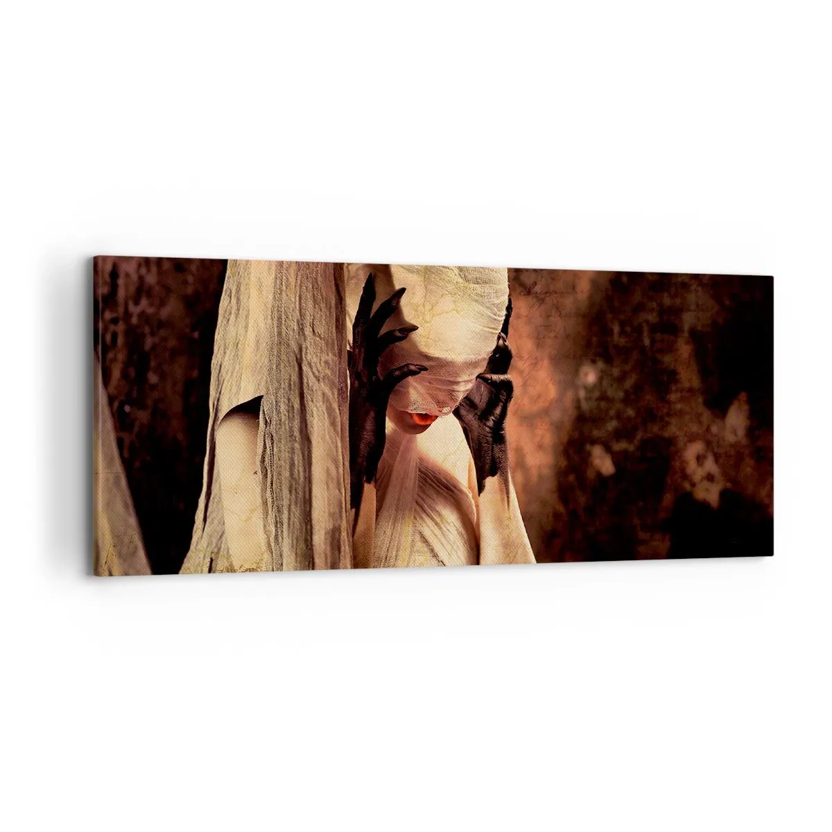 Bild auf Leinwand - Leinwandbild - Eine Frau mit Schleier und geheimnisvollem Styling vor dunklem Hintergrund - 120x50cm - Zwischen Gut und Böse - Moderne Wanddekoration für Wohnzimmer und Schlafzimmer ARTTOR